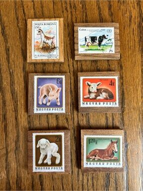 Handmade Vintage Postage Stamp Magnets On Wood • Farm Animals